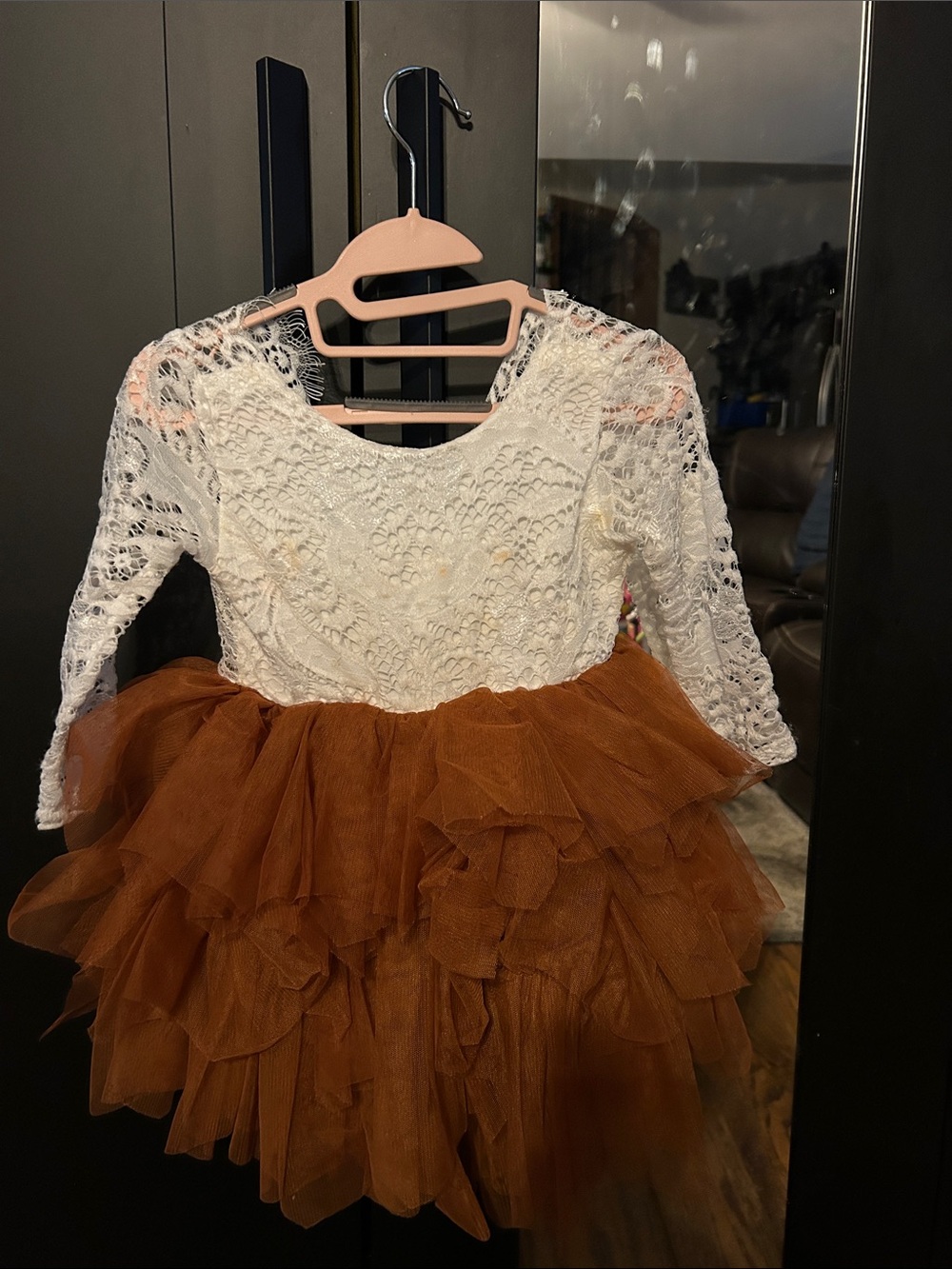 Girls White Lace Top and Burnt Orange Tulle Skirt Formal Dress